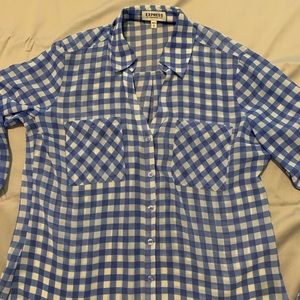 Blue and White Sheer Checkered Button Up
